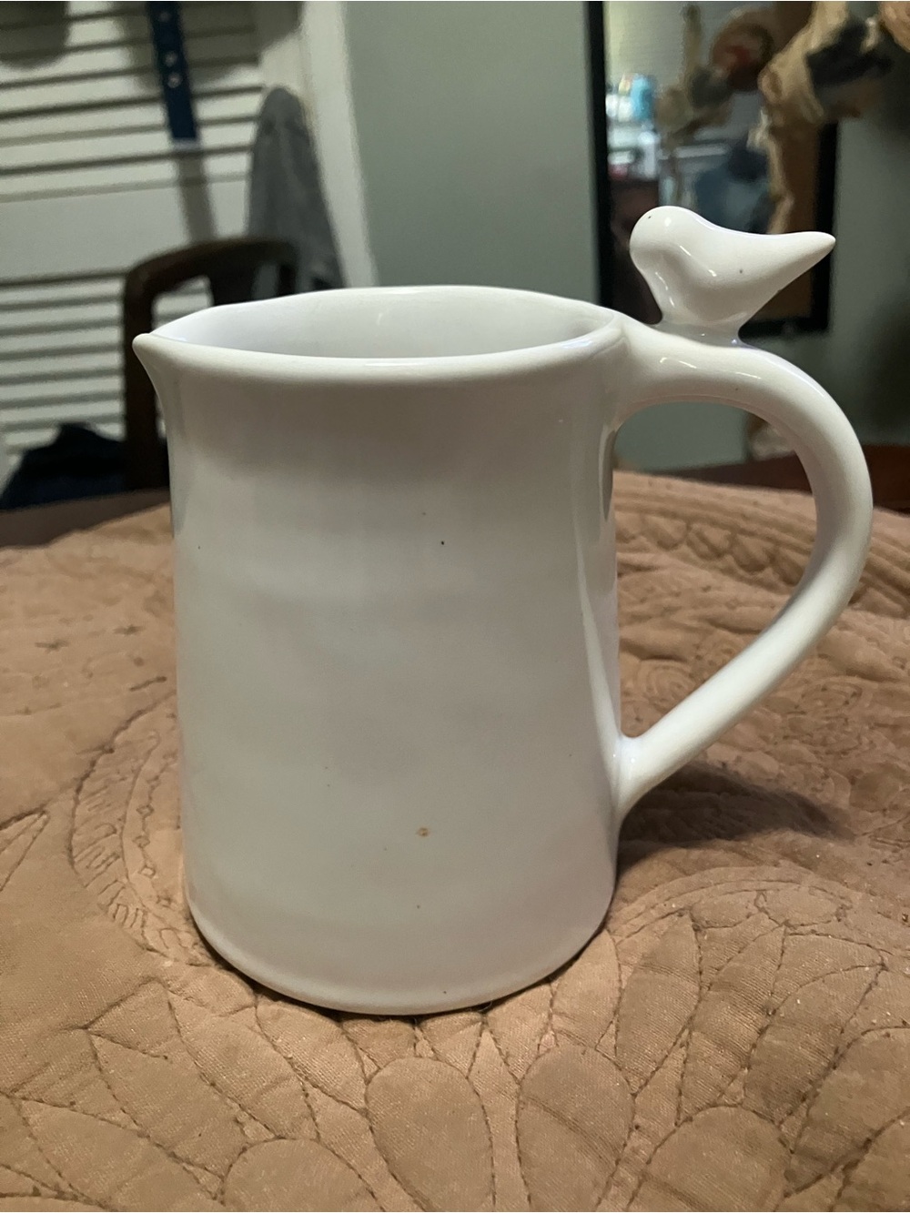 Handmade White Ceramic Creamer With a Sculpted Bird on Handle